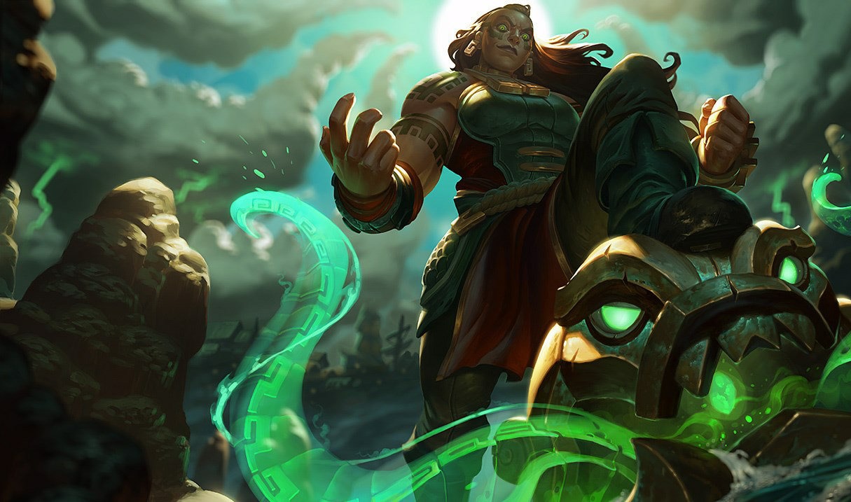 Warrior woman summoning a glowing green tentacle with stone ruins and stormy sky in the background.