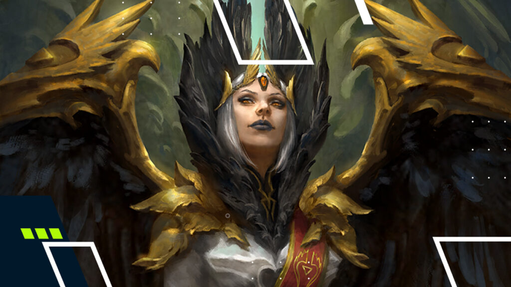 Dota 2 artwork of Vengeful Spirit with golden armor and dark wings