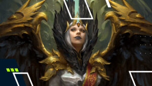 Dota 2 artwork of Vengeful Spirit with golden armor and dark wings