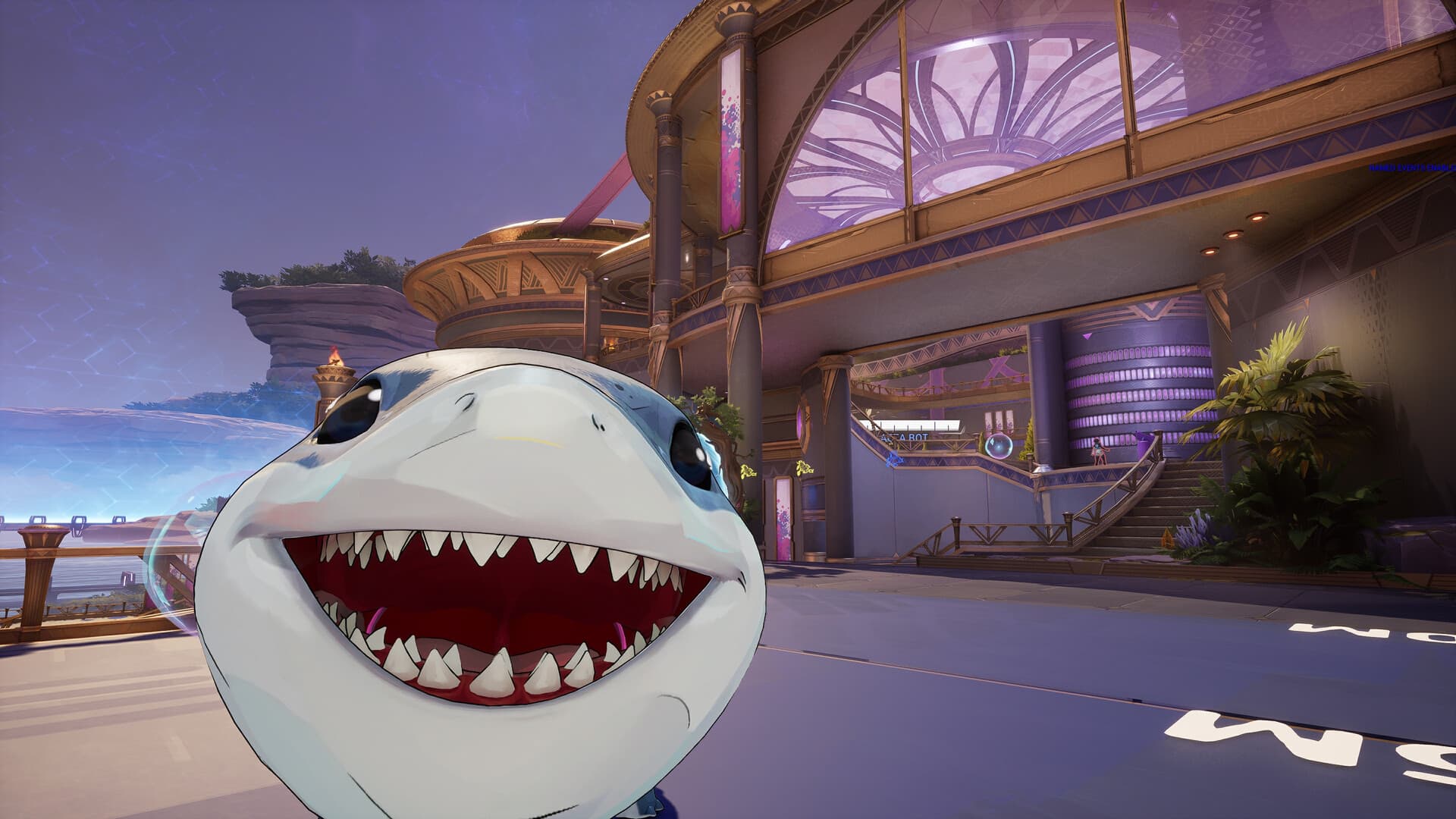 Close-up of Jeff smiling in front of a futuristic building in Marvel Rivals