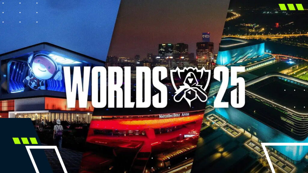 Promotional image for the League of Legends Worlds 2025 event featuring host city venues and the championship logo