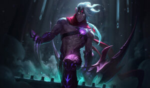 Dark fantasy character with glowing eyes and long hair stands confidently
