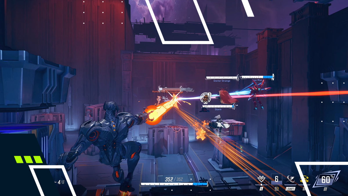 Ultron shooting at Doctor Strange, Iron Man, and Storm in Marvel Rivals match