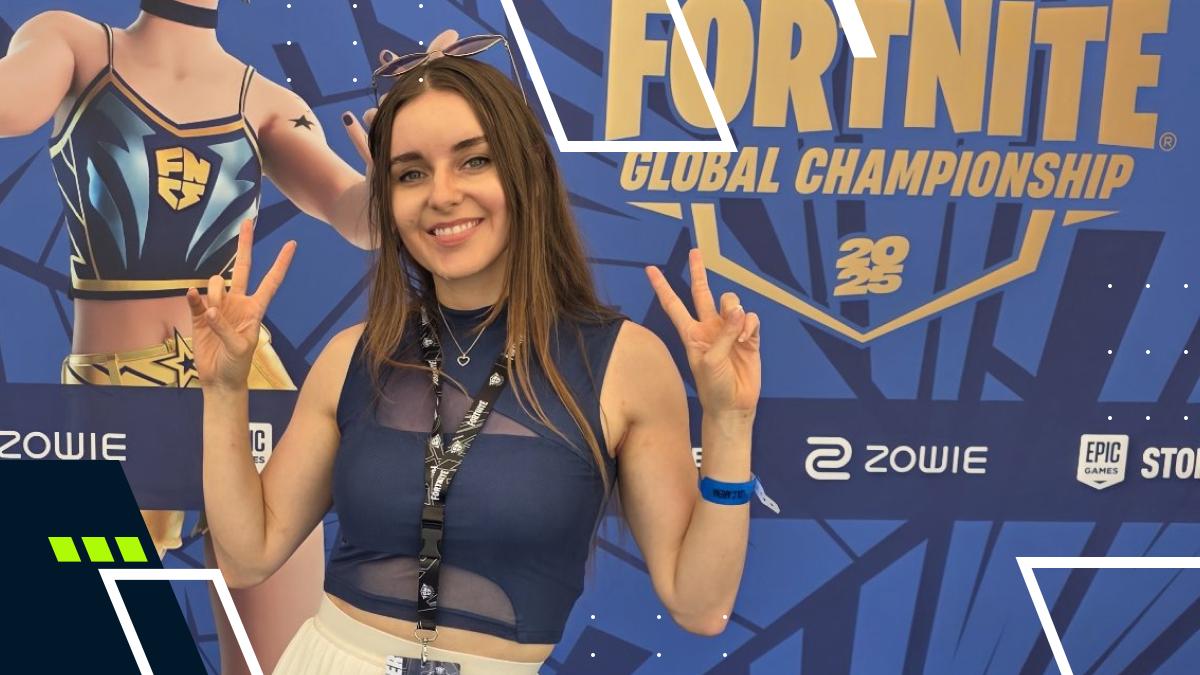 Streamer Loserfruit posing with peace signs at the Fortnite Global Championship 2025 event backdrop.