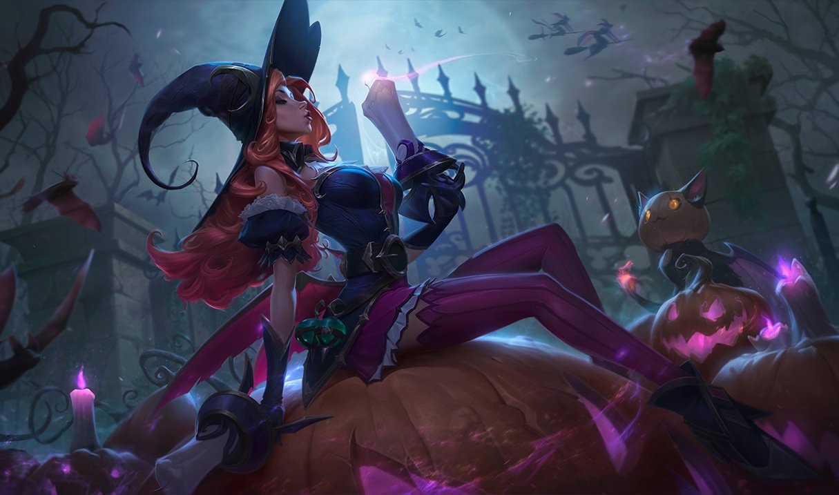Miss Fortune, Bewitching skin, dressed as a witch sitting on a pumpkin under the moonlight.