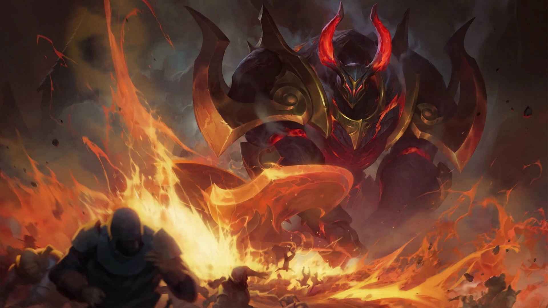 Mordekaiser, Infernal skin, demonic armored warrior rising from fire.