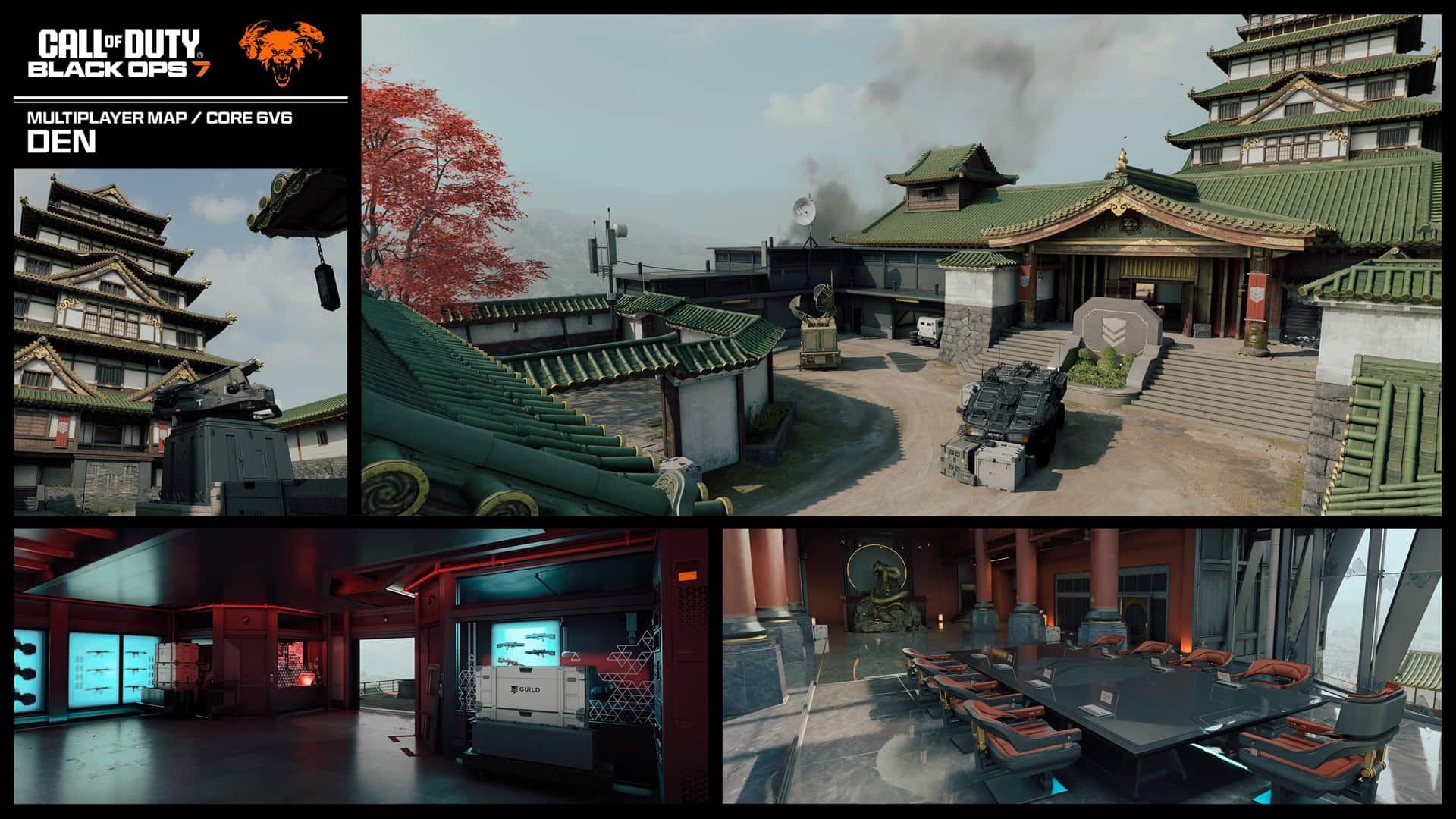 Multiplayer map Den featuring Japanese mountain compound with courtyard, conference room, and interior combat zones