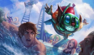 Fantastical scene of a small, grinning creature diving from a slide into a pool, surrounded by surprised swimmers