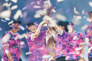Paper Rex celebrating with trophy and confetti