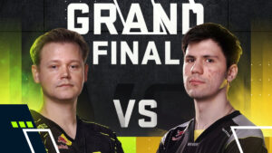 Two esports players facing off in a Grand Final promo image with bold VS text