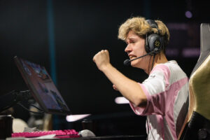 Pro VALORANT player celebrating a round win during Champions 2025 match