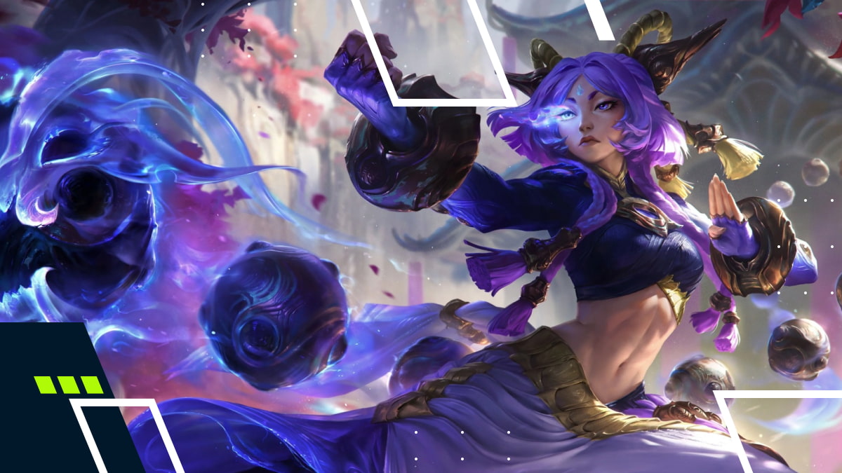 Yunara ith purple hair and cat-like ears strikes a dynamic pose, surrounded by swirling dark energy