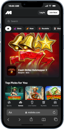 Mobile screenshot of Midnite's fast withdrawal casino site's slots lobby