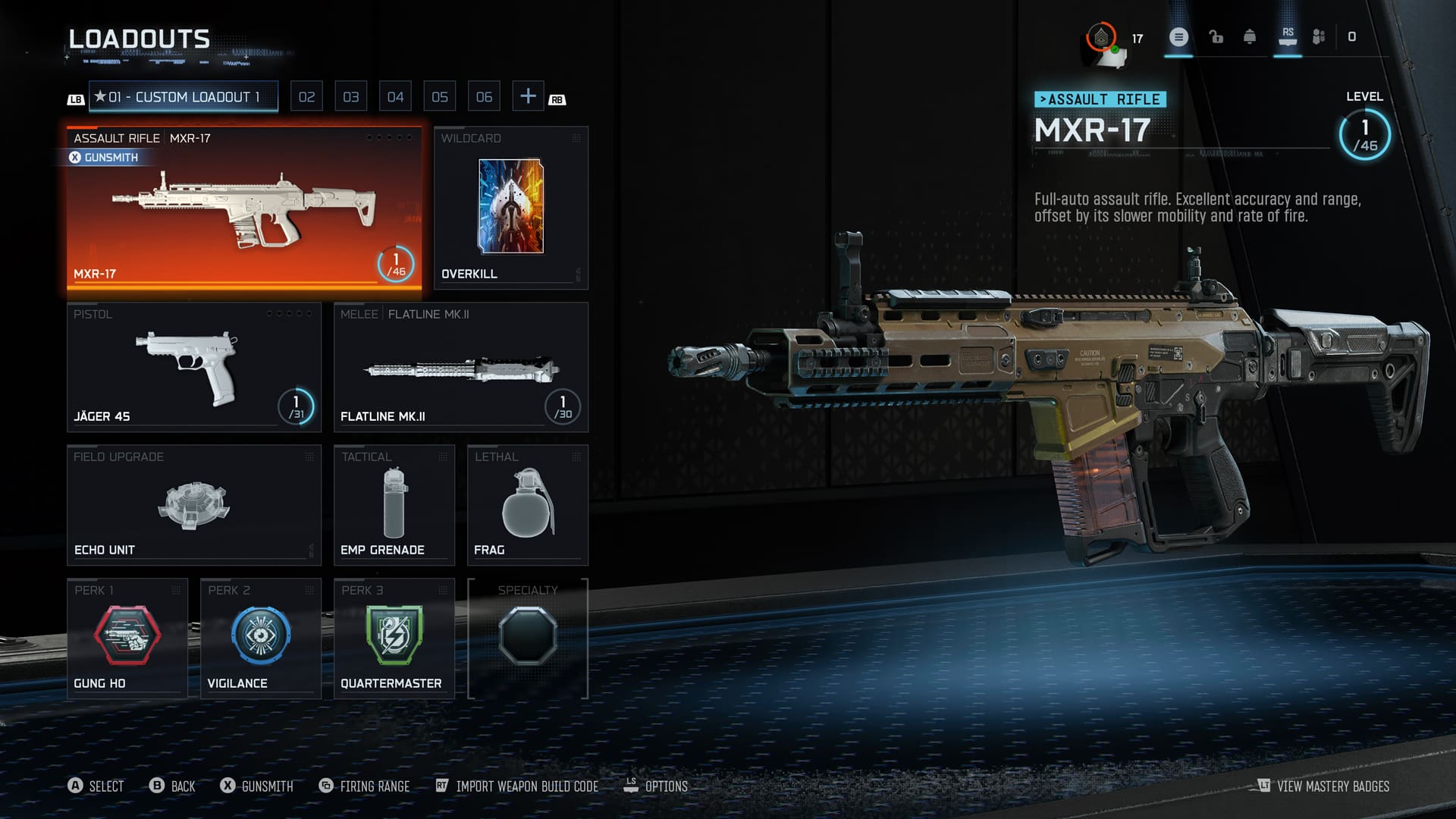 Black Ops 7 loadout screen showing MXR-17 rifle and gear options