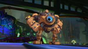 A large, orange robot with a central blue eye stands confidently in a futuristic cityscape