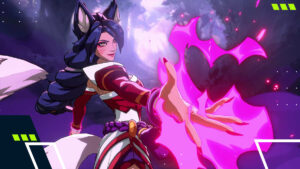 Ahri casting her ultimate Charm in 2XKO, releasing a glowing pink heart-shaped projectile with a confident smile