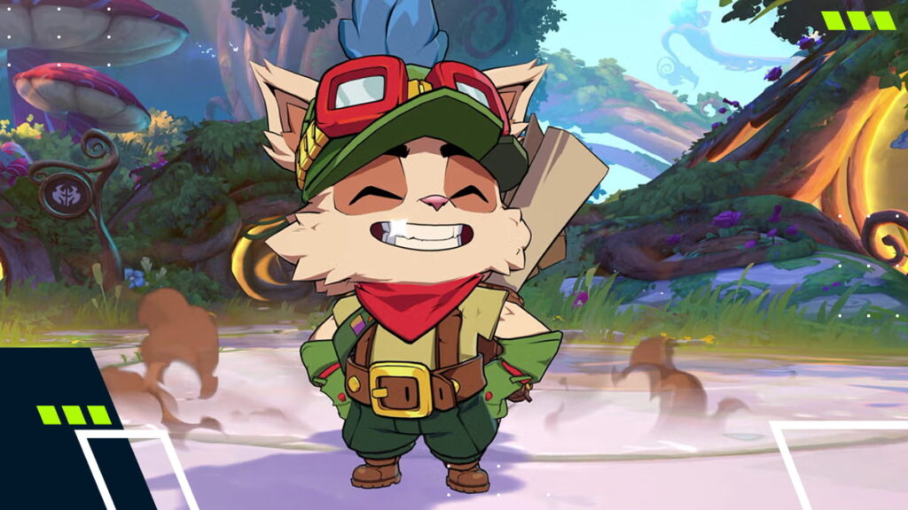 Teemo from 2XKO grinning proudly in a colorful forest stage surrounded by giant mushrooms