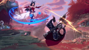 Ahri launching an airborne attack with blue energy rings, striking an axe-wielding opponent in 2XKO