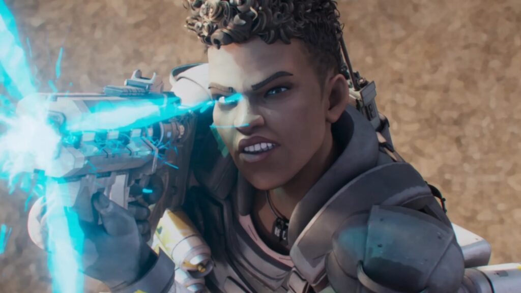 Bangalore aiming and firing her weapon with blue energy effects in Apex Legends
