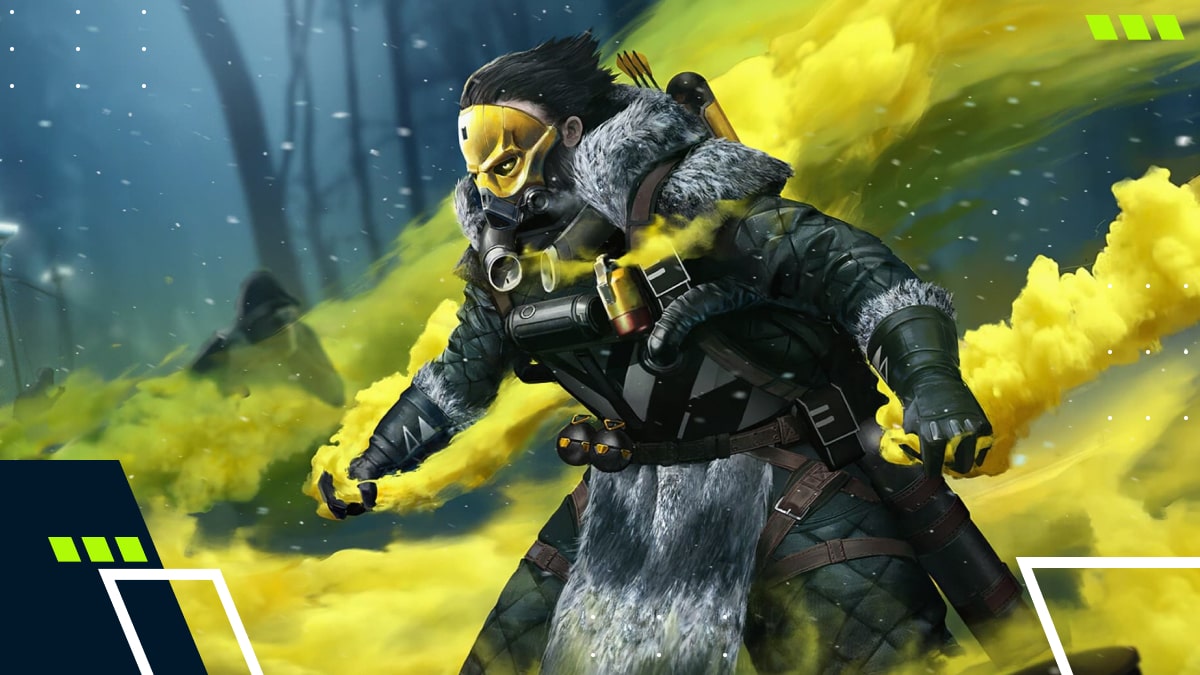 Caustic releasing toxic gas during combat in Apex Legends, surrounded by yellow smoke