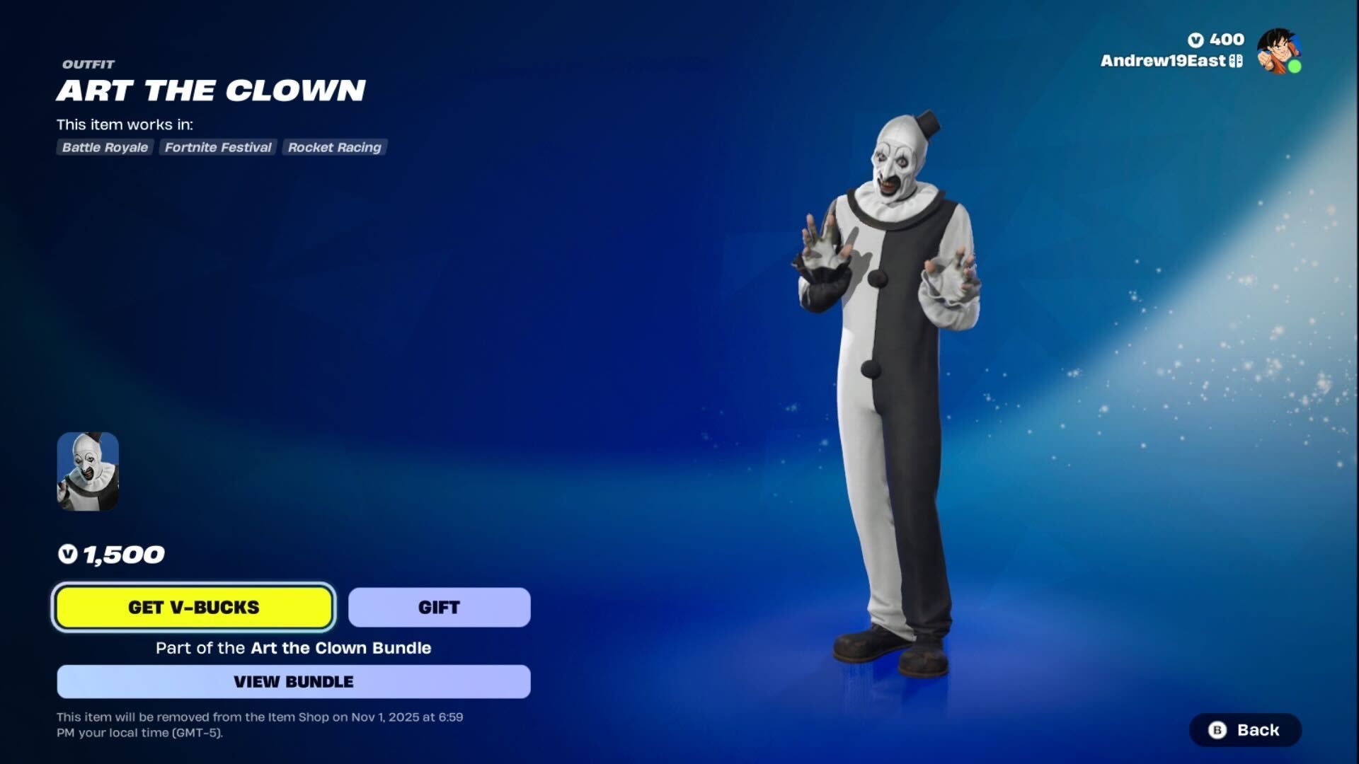Art the Clown Fortnite outfit page
