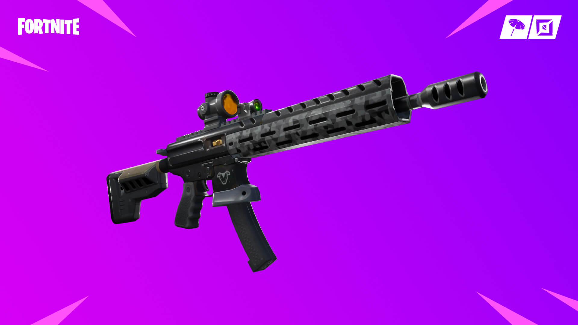 Enhanced Holo Twister Assault Rifle from Fortnite displayed on a purple background