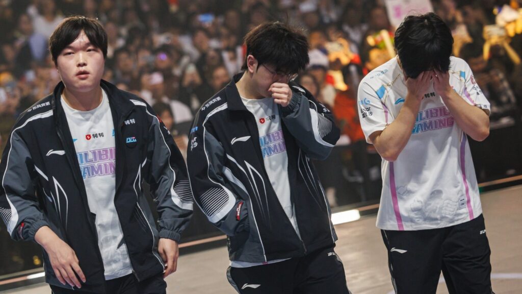 BLG players looking disappointed at LoL Worlds 2025