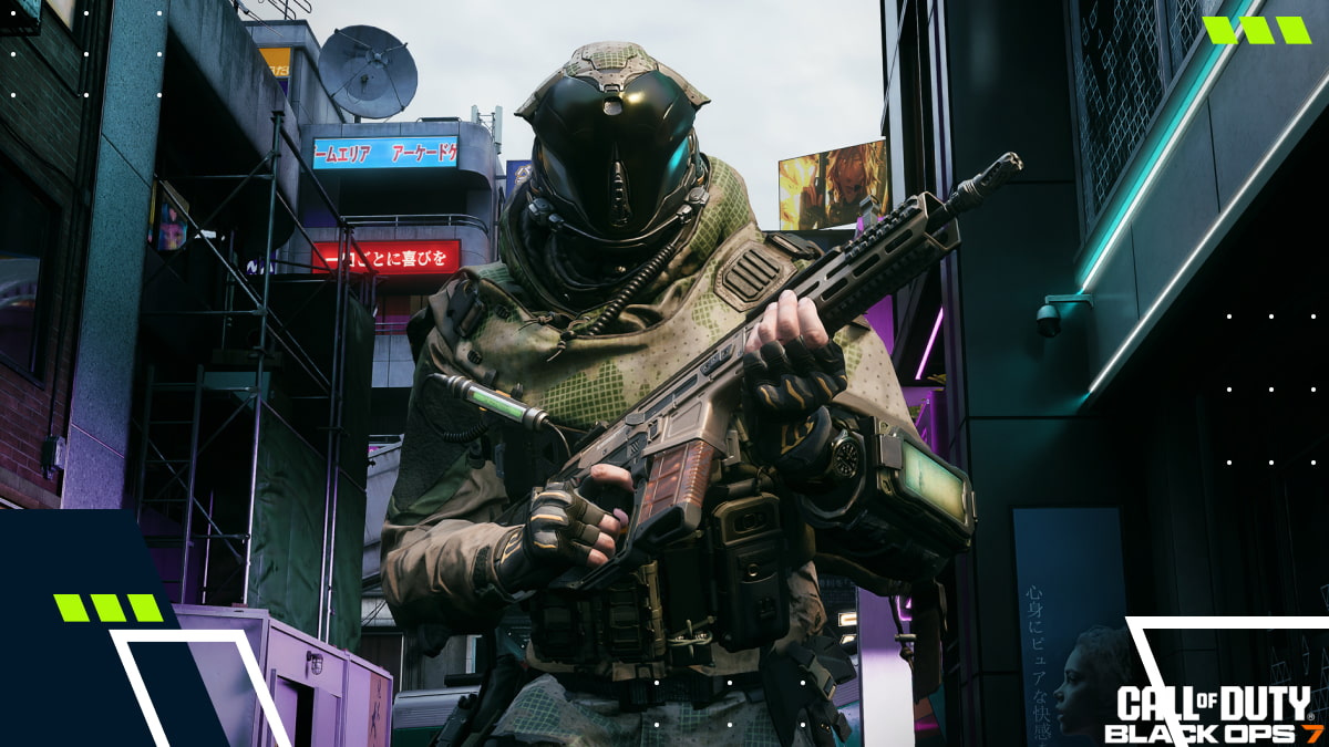 Armored operator holding a rifle in Black Ops 7 urban setting
