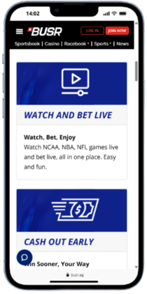 Mobile screenshot of the BUSR offshore sportsbook and racebook