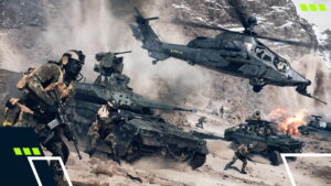 Soldiers, tanks, and helicopters clash in a chaotic desert battle in Battlefield 6, showcasing large-scale destruction and intense warfare