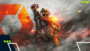 Battlefield 6 Engineer aiming a rocket launcher amid explosions