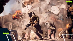 Soldiers storm a collapsing city under heavy explosions in Battlefield 6