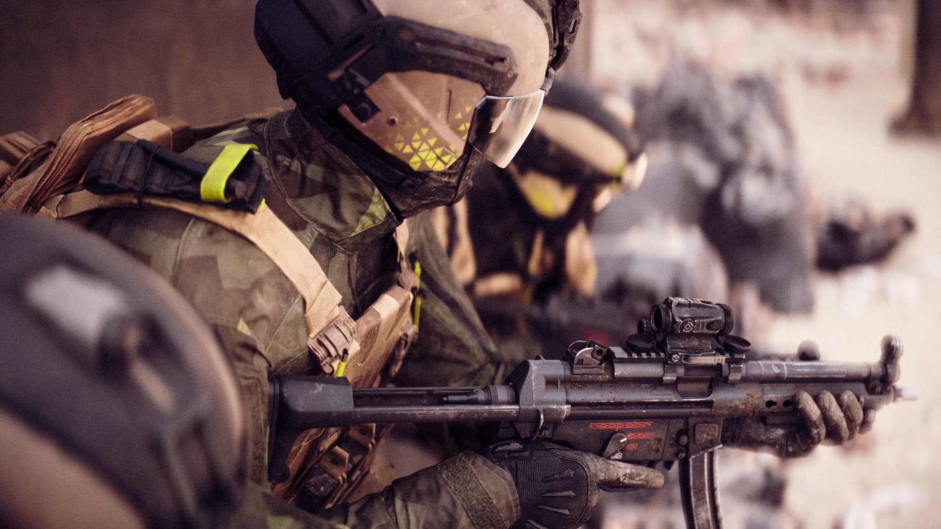 Soldiers aim their weapons while taking cover in Battlefield 6