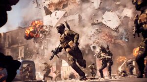 Soldiers sprint through explosions in a collapsing city in Battlefield 6