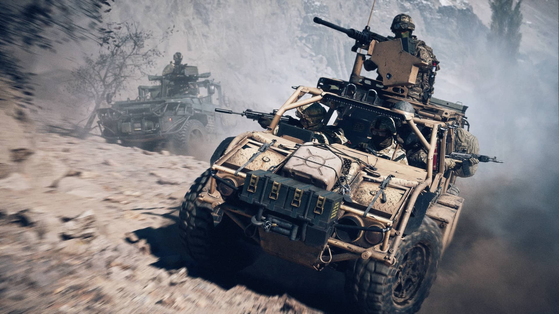 Armed jeeps race through a dusty canyon in Battlefield 6