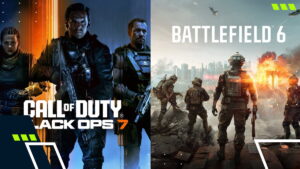 Promotional image comparing Battlefield 6 and Call of Duty Black Ops 7, highlighting the rivalry between the two FPS games