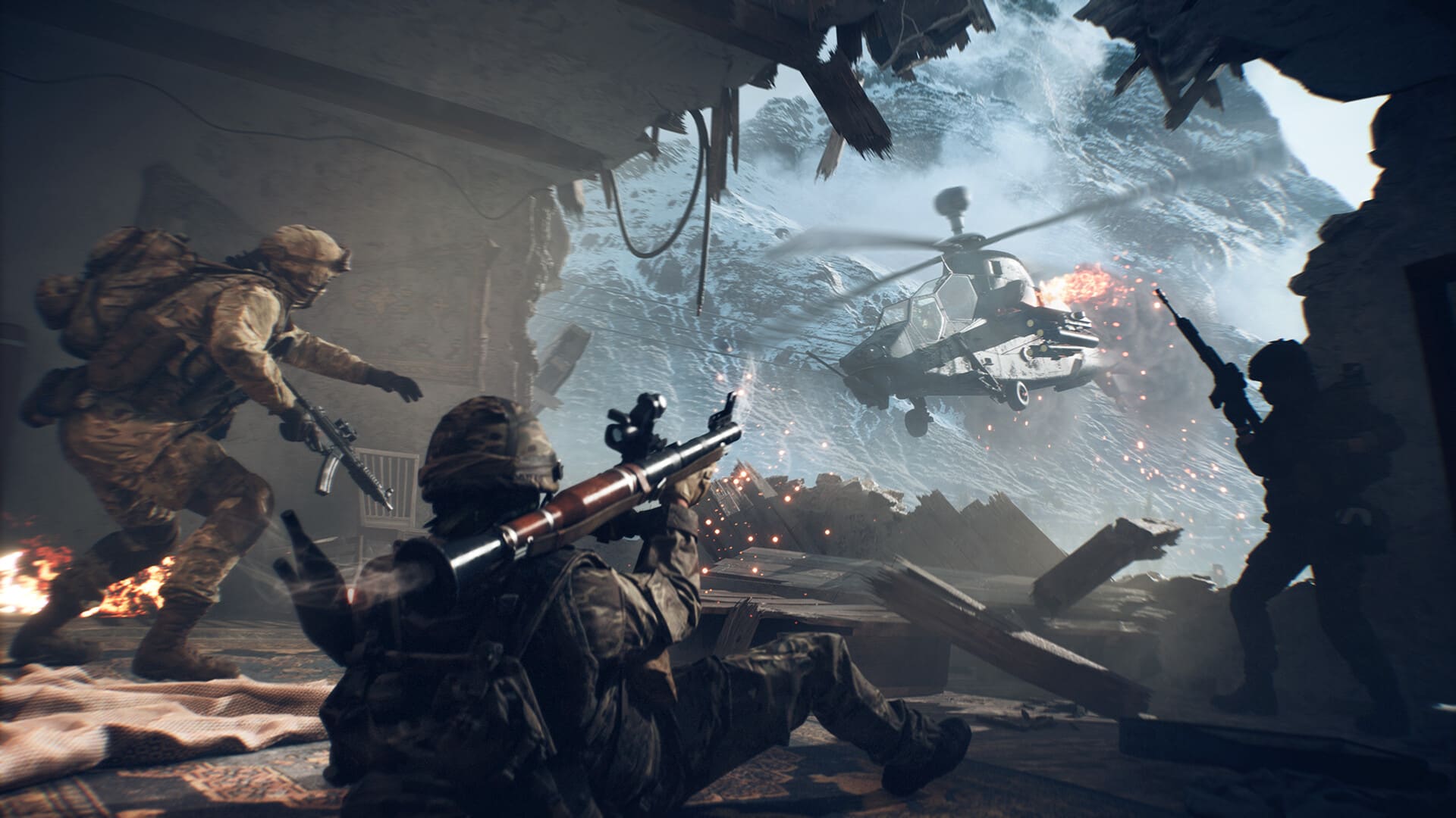 Soldiers in Battlefield 6 engage a helicopter amid collapsing ruins and explosions