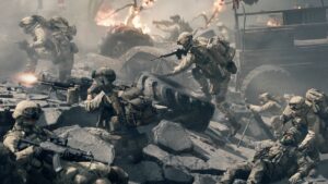Soldiers in Battlefield 6 fight through rubble and explosions on a chaotic urban battlefield