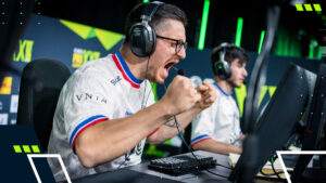 Team Vitality player celebrates passionately during a Counter-Strike 2 match at ESL Pro League Season 22, with the ESL logo visible in the frame
