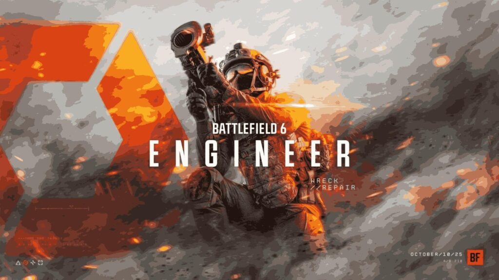 Engineer class soldier from Battlefield 6 holding a wrench tool with fiery orange effects, symbolizing the best perks for engineers.