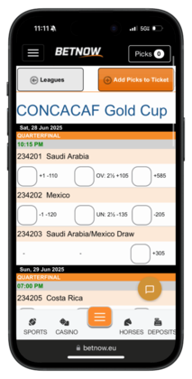 Mobile screenshot of the BetNow offshore betting site showing betting odds for the CONCACAF Gold Cup.