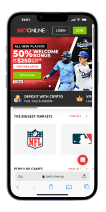 Mobile screenshot of the BetOnline offshore sportsbook