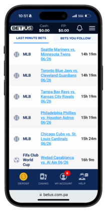Mobile screenshot of the BetUS offshore betting site