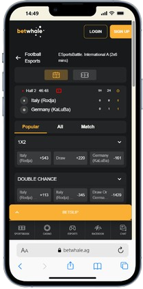 BetWhale FIFA esports betting site displayed on smartphone showing live match odds
