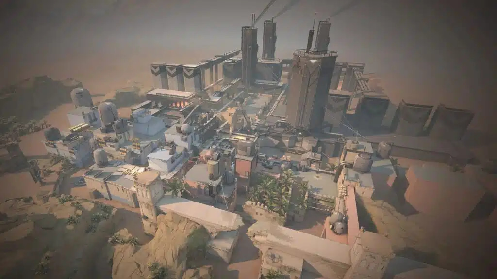 Aerial view of the Bind map in VALORANT showing its desert setting and teleporters