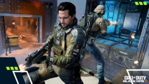 Black Ops 7 gameplay screenshot showing soldiers engaging in close-quarters gunfight inside a futuristic facility