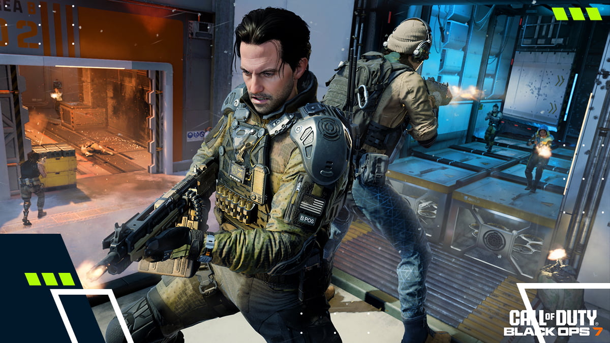 Black Ops 7 gameplay screenshot showing soldiers engaging in close-quarters gunfight inside a futuristic facility