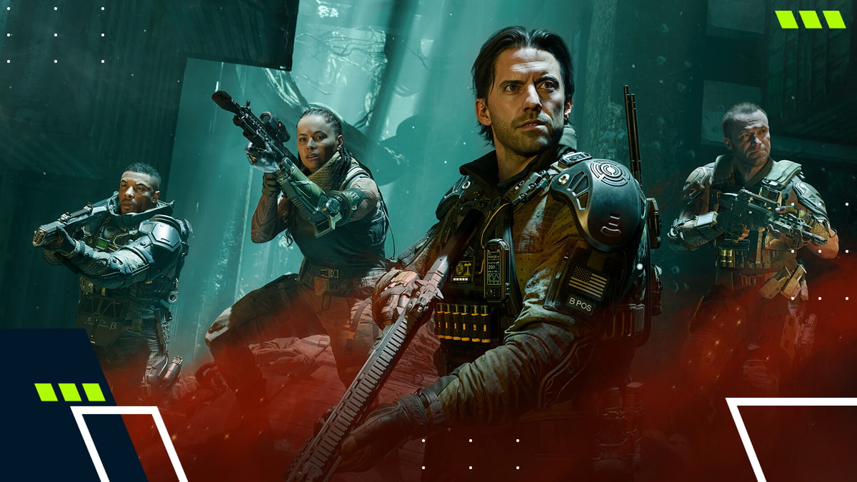 Four futuristic soldiers equipped with advanced armor and weapons prepare for battle in a dimly lit warzone in Call of Duty: Black Ops 7
