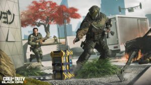 Operatives in Call of Duty Black Ops 7 deploy an EMP device during a futuristic urban battle