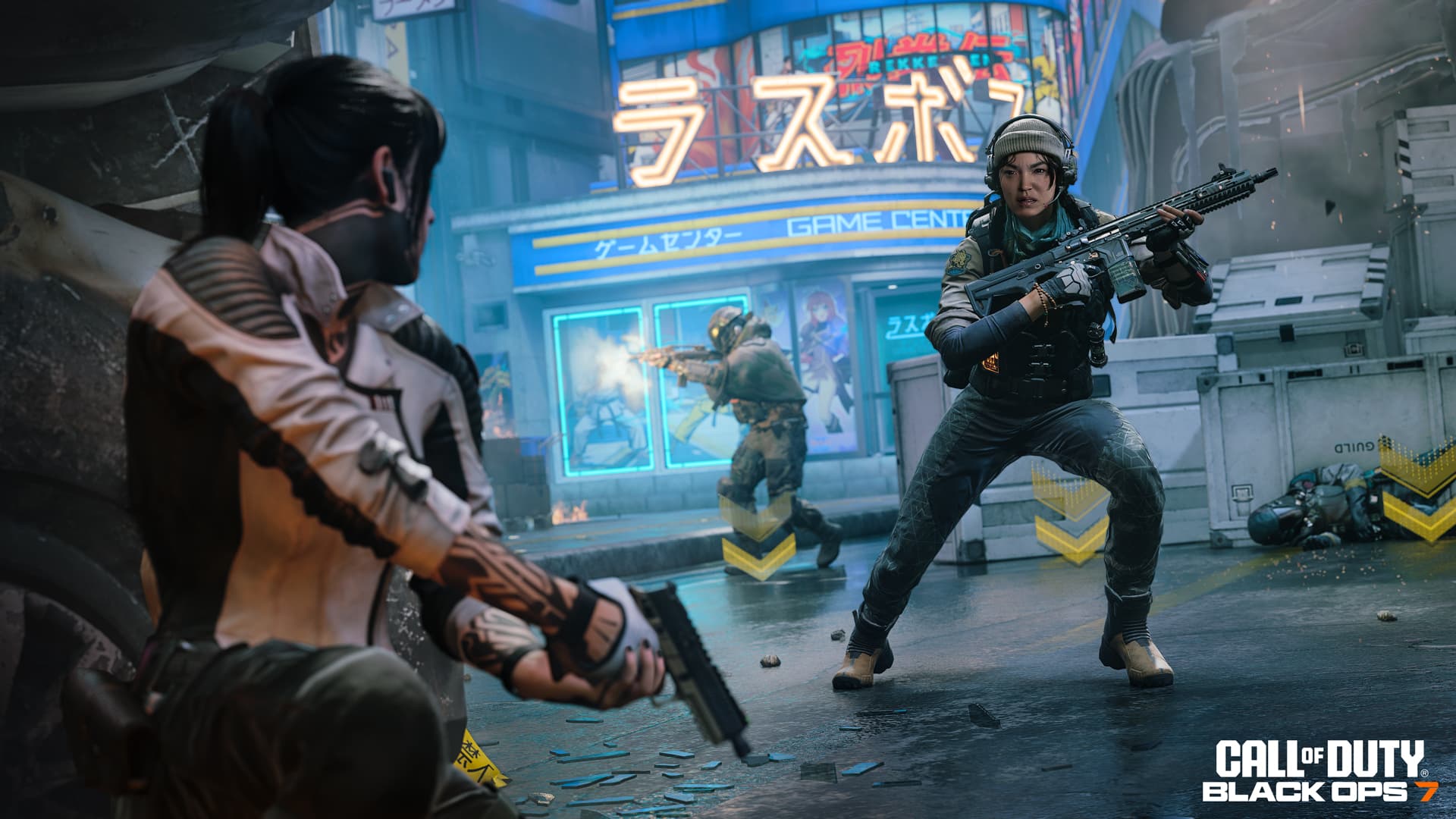 Players in Call of Duty Black Ops 7 engage in a tense firefight on a neon-lit city street